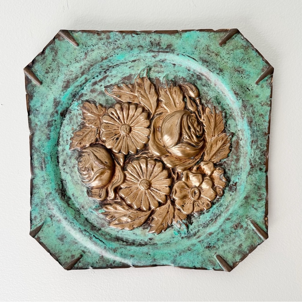 Vintage Italian Verdigris Brass Floral Plaques (Set of 2)